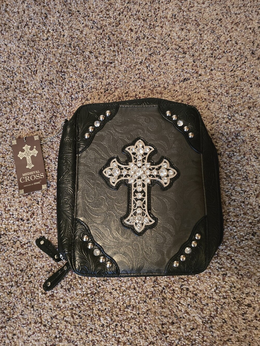 Black Bible Or Book Zip-Around Bag with Rhinestone Cross